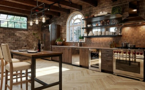 large kitchen with herringbone flooring